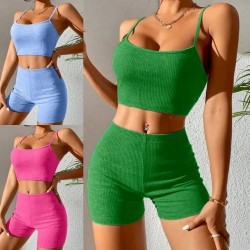 Women Fashion Sexy Solid Color Camisole High Waist Shorts Two-Piece Set