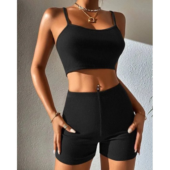 Women Fashion Sexy Solid Color Camisole High Waist Shorts Two-Piece Set Women Fashion Sexy Solid Color Camisole High Waist Shorts Two-Piece Set