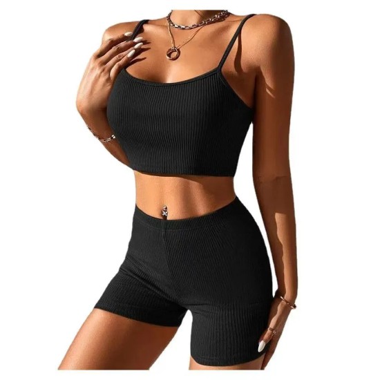 Women Fashion Sexy Solid Color Camisole High Waist Shorts Two-Piece Set Women Fashion Sexy Solid Color Camisole High Waist Shorts Two-Piece Set