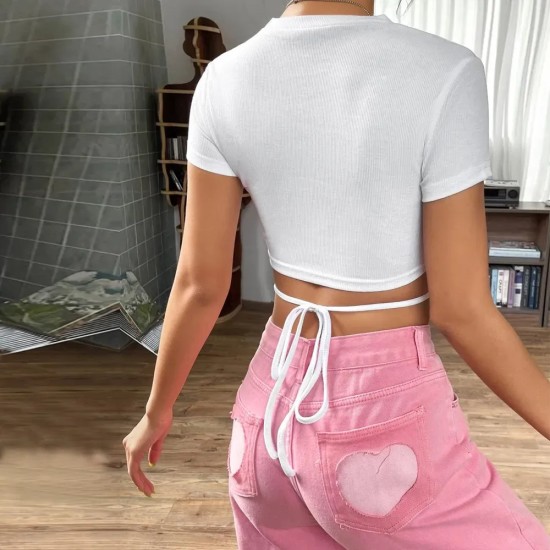 Women Fashion Sexy Solid Color Short-Sleeve Lace-Up Crop Top Women Fashion Sexy Solid Color Short-Sleeve Lace-Up Crop Top
