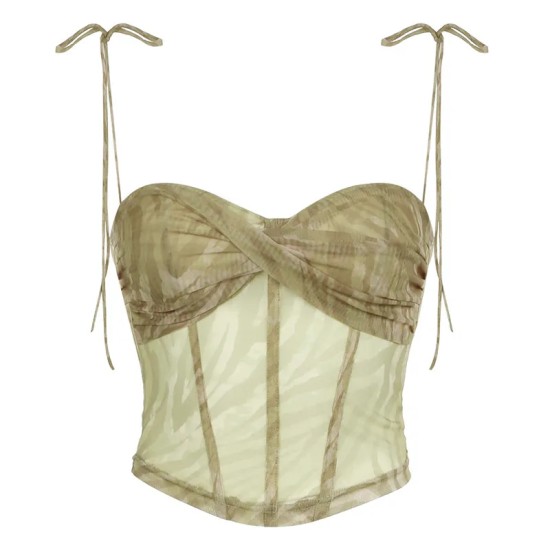 Women Fashion Sexy Double-Layer Mesh Pleated Printed Spaghetti Strap Crop Top Women Fashion Sexy Double-Layer Mesh Pleated Printed Spaghetti Strap Crop Top