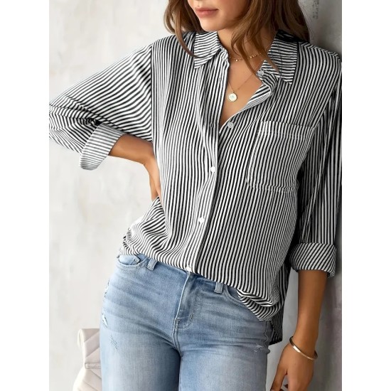 Women Fashion Casual Stripe Lapel Long-Sleeved Single Breasted Loose Blouse Women Fashion Casual Stripe Lapel Long-Sleeved Single Breasted Loose Blouse