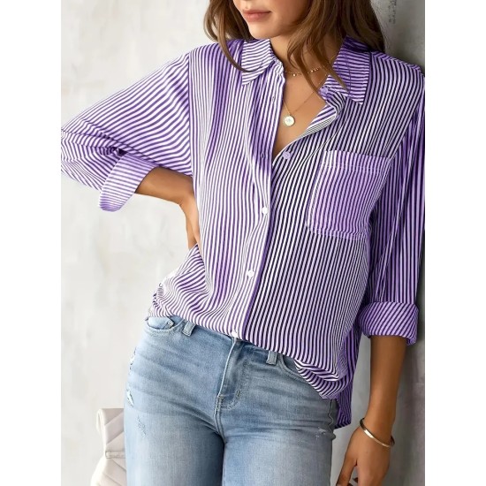Women Fashion Casual Stripe Lapel Long-Sleeved Single Breasted Loose Blouse Women Fashion Casual Stripe Lapel Long-Sleeved Single Breasted Loose Blouse