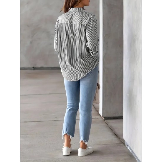 Women Fashion Casual Stripe Lapel Long-Sleeved Single Breasted Loose Blouse Women Fashion Casual Stripe Lapel Long-Sleeved Single Breasted Loose Blouse
