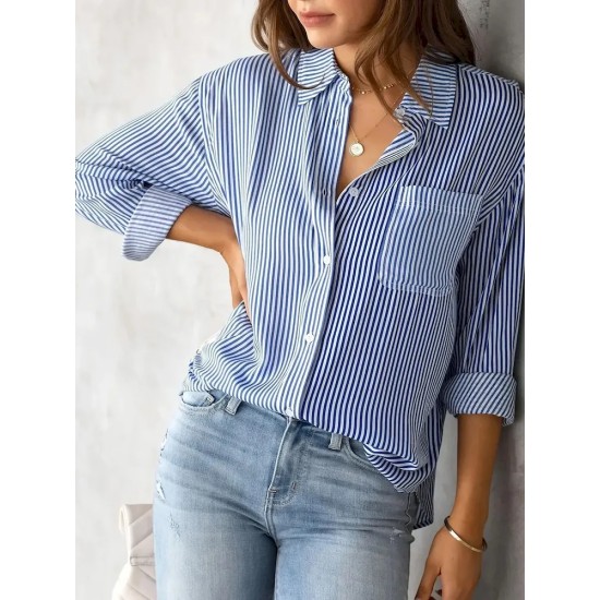 Women Fashion Casual Stripe Lapel Long-Sleeved Single Breasted Loose Blouse Women Fashion Casual Stripe Lapel Long-Sleeved Single Breasted Loose Blouse