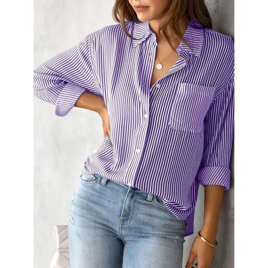 Women Fashion Casual Stripe Lapel Long-Sleeved Single Breasted Loose Blouse Women Fashion Casual Stripe Lapel Long-Sleeved Single Breasted Loose Blouse