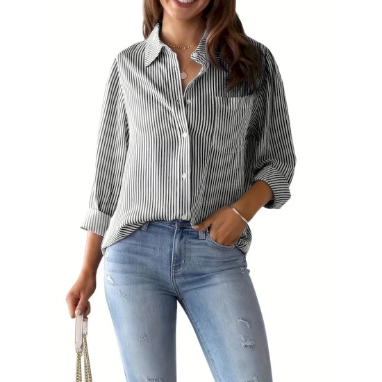 Women Fashion Casual Stripe Lapel Long-Sleeved Single Breasted Loose Blouse Women Fashion Casual Stripe Lapel Long-Sleeved Single Breasted Loose Blouse