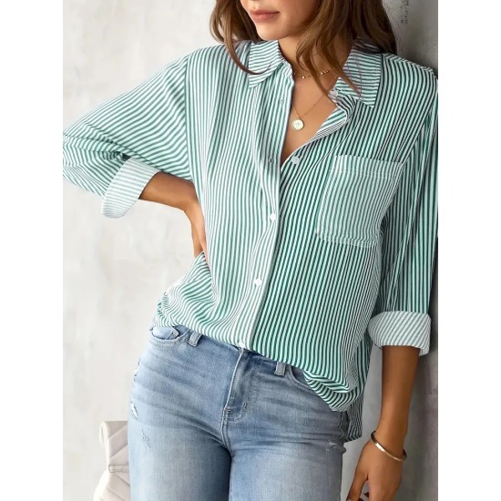 Women Fashion Casual Stripe Lapel Long-Sleeved Single Breasted Loose Blouse Women Fashion Casual Stripe Lapel Long-Sleeved Single Breasted Loose Blouse