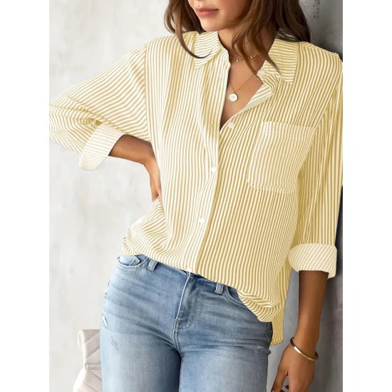 Women Fashion Casual Stripe Lapel Long-Sleeved Single Breasted Loose Blouse Women Fashion Casual Stripe Lapel Long-Sleeved Single Breasted Loose Blouse