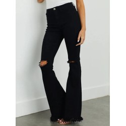 Women Fashion Black Ripped Stretch Flared Jeans