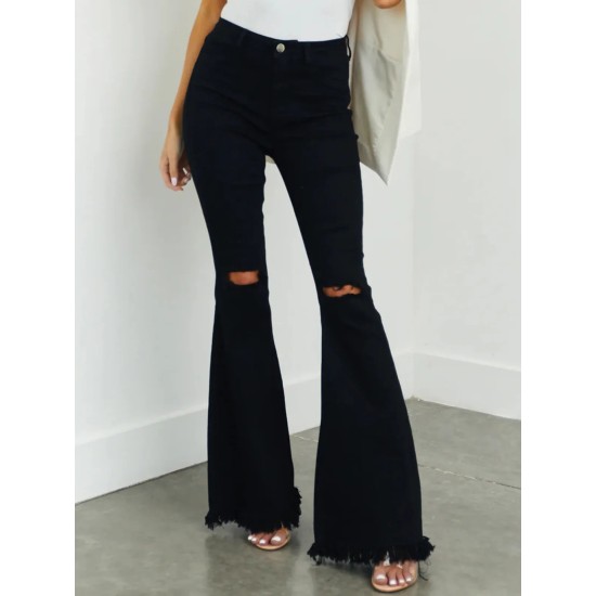 Women Fashion Black Ripped Stretch Flared Jeans Women Fashion Black Ripped Stretch Flared Jeans