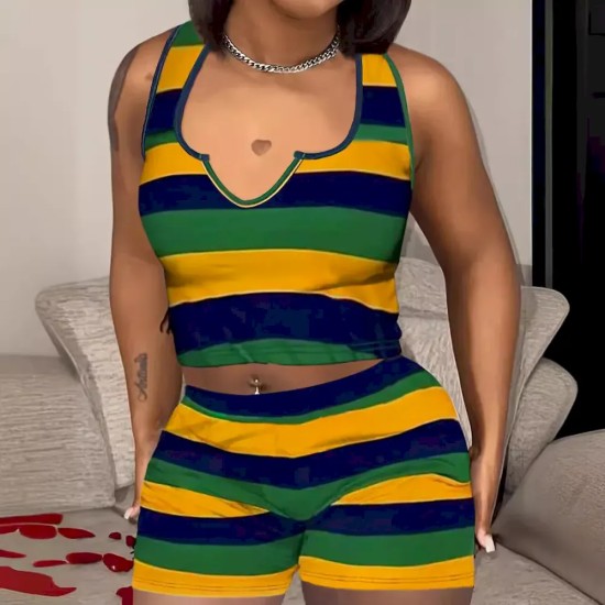 Women Fashion Casual Striple V-Neck Tank Top Tight Shorts Two-Piece Set Women Fashion Casual Striple V-Neck Tank Top Tight Shorts Two-Piece Set