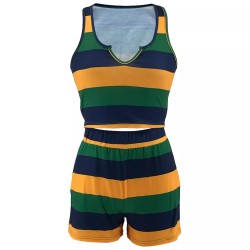 Women Fashion Casual Striple V-Neck Tank Top Tight Shorts Two-Piece Set