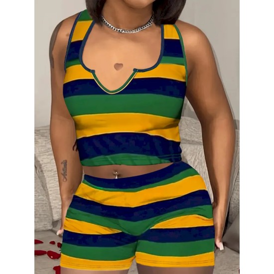 Women Fashion Casual Striple V-Neck Tank Top Tight Shorts Two-Piece Set Women Fashion Casual Striple V-Neck Tank Top Tight Shorts Two-Piece Set
