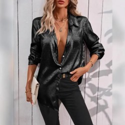 Women Fashion Casual Solid Color Lapel Long Sleeve Single-Breasted Blouse