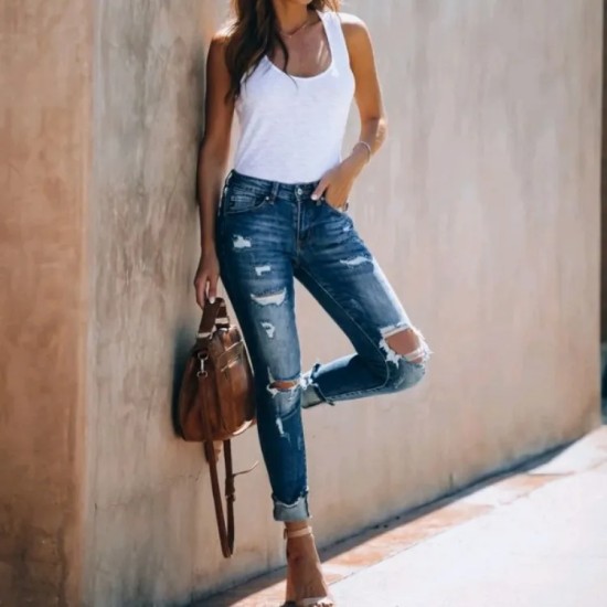 Women Retro High Waist Stretch Ripped Jeans Women Retro High Waist Stretch Ripped Jeans