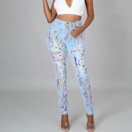 Women Fashion Multicolor Print Ripped Jeans