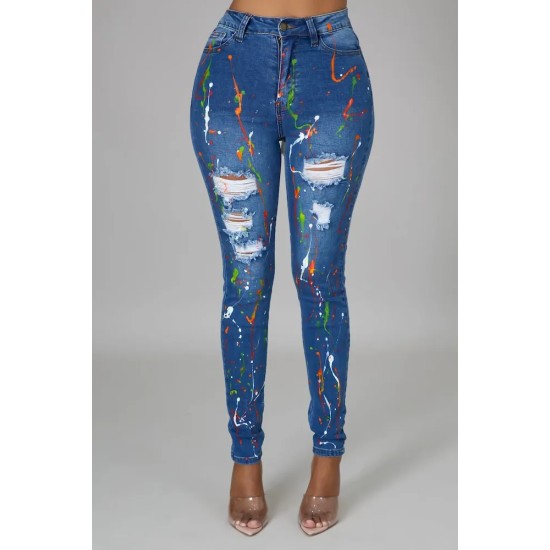 Women Fashion Multicolor Print Ripped Jeans Women Fashion Multicolor Print Ripped Jeans