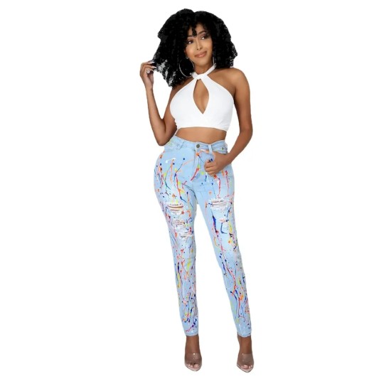 Women Fashion Multicolor Print Ripped Jeans Women Fashion Multicolor Print Ripped Jeans