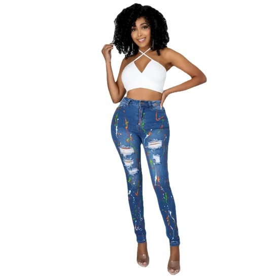 Women Fashion Multicolor Print Ripped Jeans Women Fashion Multicolor Print Ripped Jeans