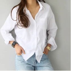 Spring Solid Color Basic Long Sleeve Shirt Office Chi Women Slim Lapel Blouse