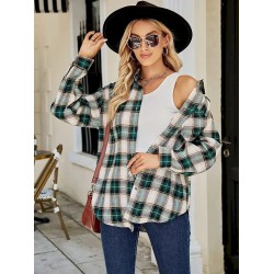 Women Fashion Casual Color Block Plaid Lapel Long-Sleeve Single-Breasted Loose Blouse