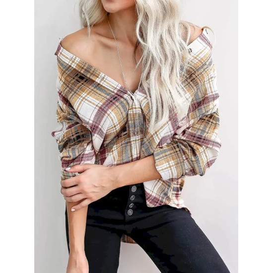 Women Fashion Casual Color Block Plaid Lapel Long-Sleeve Single-Breasted Loose Blouse Women Fashion Casual Color Block Plaid Lapel Long-Sleeve Single-Breasted Loose Blouse