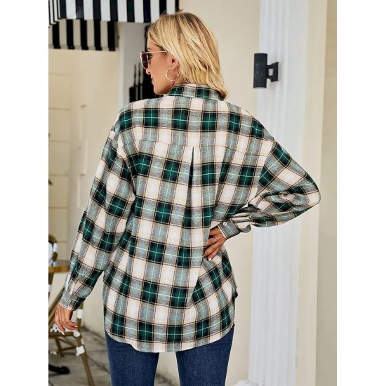 Women Fashion Casual Color Block Plaid Lapel Long-Sleeve Single-Breasted Loose Blouse Women Fashion Casual Color Block Plaid Lapel Long-Sleeve Single-Breasted Loose Blouse