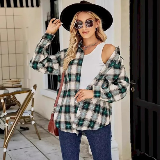 Women Fashion Casual Color Block Plaid Lapel Long-Sleeve Single-Breasted Loose Blouse Women Fashion Casual Color Block Plaid Lapel Long-Sleeve Single-Breasted Loose Blouse