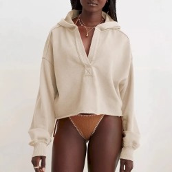 Women Fashion Simple Solid Color V-Neck Long Sleeve Loose Hoodies