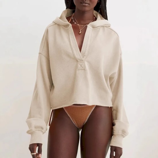 Women Fashion Simple Solid Color V-Neck Long Sleeve Loose Hoodies Women Fashion Simple Solid Color V-Neck Long Sleeve Loose Hoodies