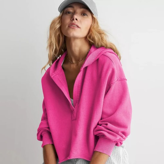 Women Fashion Simple Solid Color V-Neck Long Sleeve Loose Hoodies Women Fashion Simple Solid Color V-Neck Long Sleeve Loose Hoodies