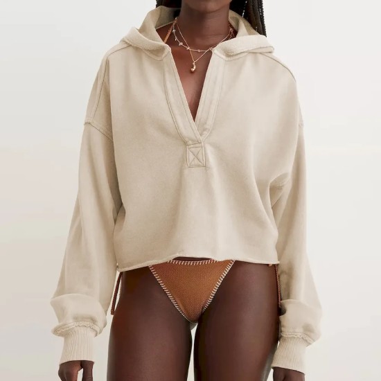 Women Fashion Simple Solid Color V-Neck Long Sleeve Loose Hoodies Women Fashion Simple Solid Color V-Neck Long Sleeve Loose Hoodies