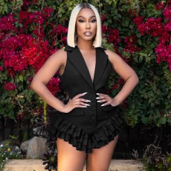 Women Fashion Sexy Solid Color Lapel Button Sleeveless Ruffle Rompers