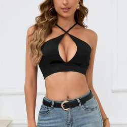 Women Sexy Hollow Solid Color Cropped Camisole